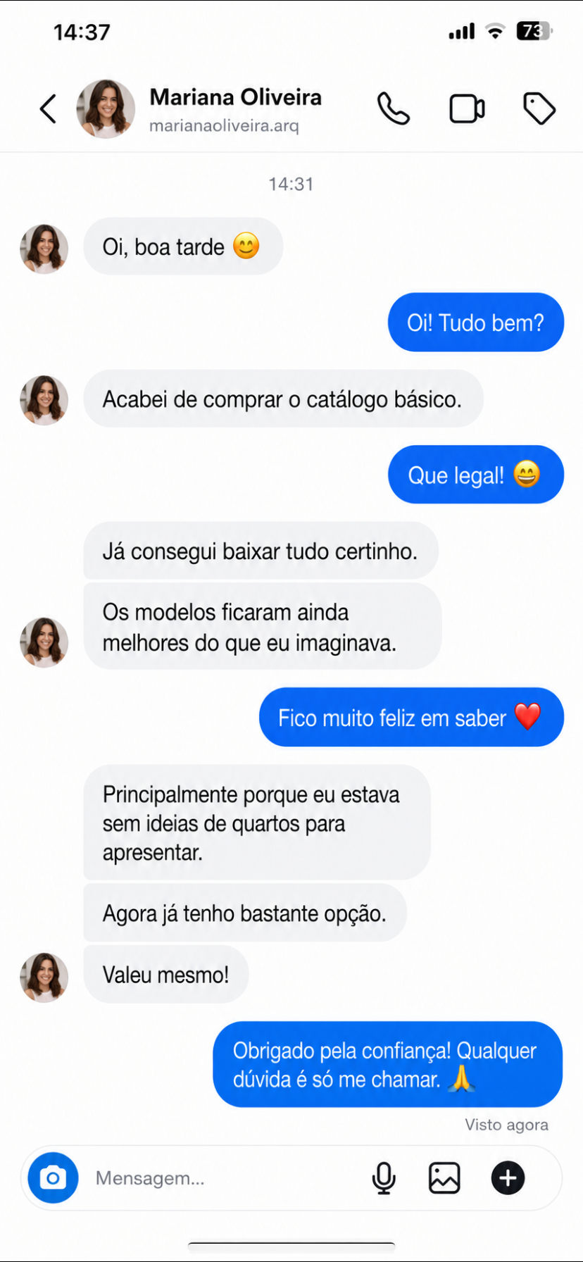 Print de conversa de WhatsApp — depoimento da Mariana