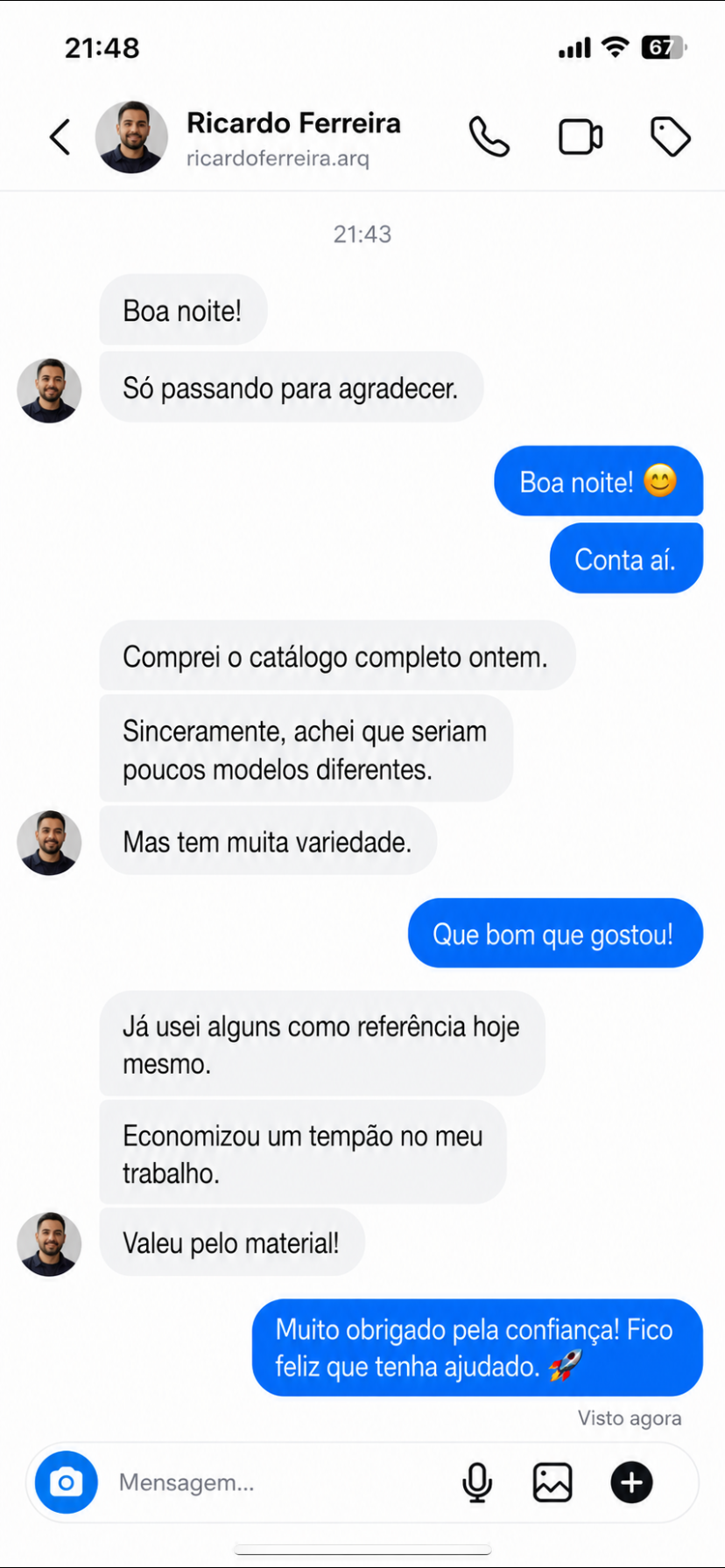 Print de conversa de WhatsApp — depoimento do Ricardo